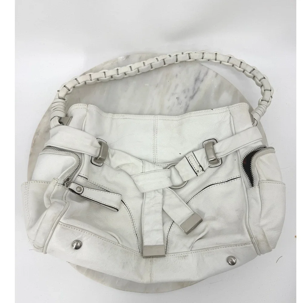 *Flawed* B. Makowsky White Leather Hobo Bag Braided Strap Leopard Print Lining